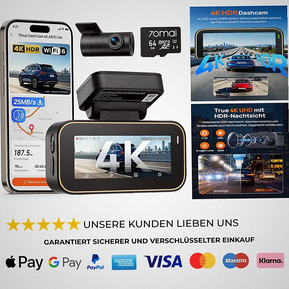 Dashcam Vorne Hinten 4K Dashcam 2160P+1080P 64GB Nachtsicht HDR, F1.55 5GHz WiFi
