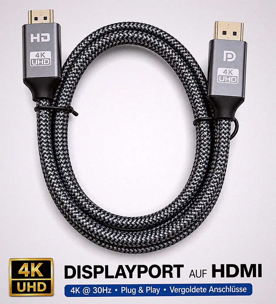 DisplayPort auf HDMI Kabel 4K UHD Adapterkabel für PC Notebook Monitor TV Beamer
