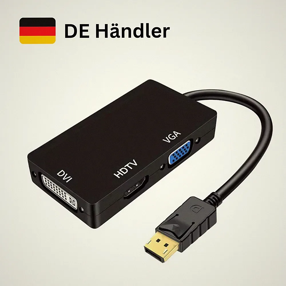 DisplayPort zu HDMI VGA DVI Adapter Hub 3 in 1 für PC Laptop Beamer TV schwarz