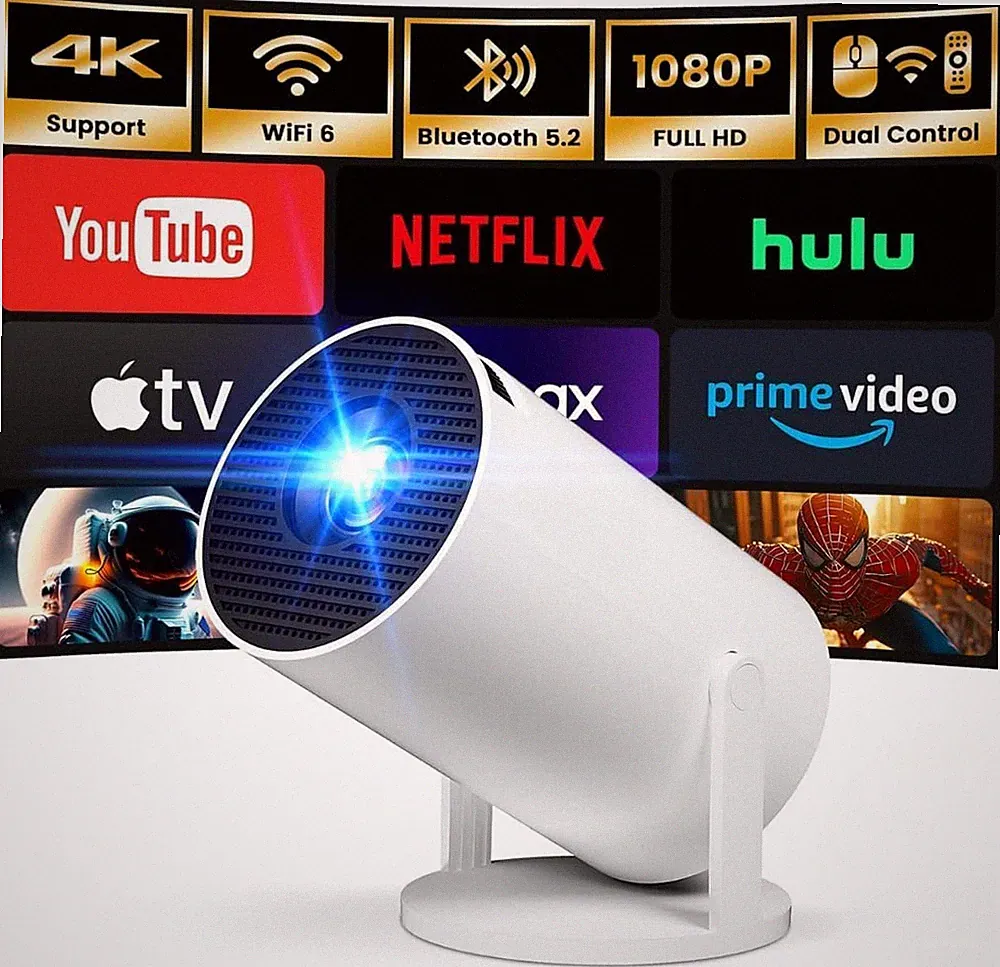 [Eingebaute Apps] Mini Tragbarer Projektor mit WIFI 6, Bluetooth, 4K 1080P, 180° Ro