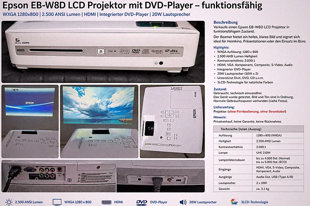 Epson EB-W8D Heimkino LCD Projektor - Beamer mit integriertem DVD-Player