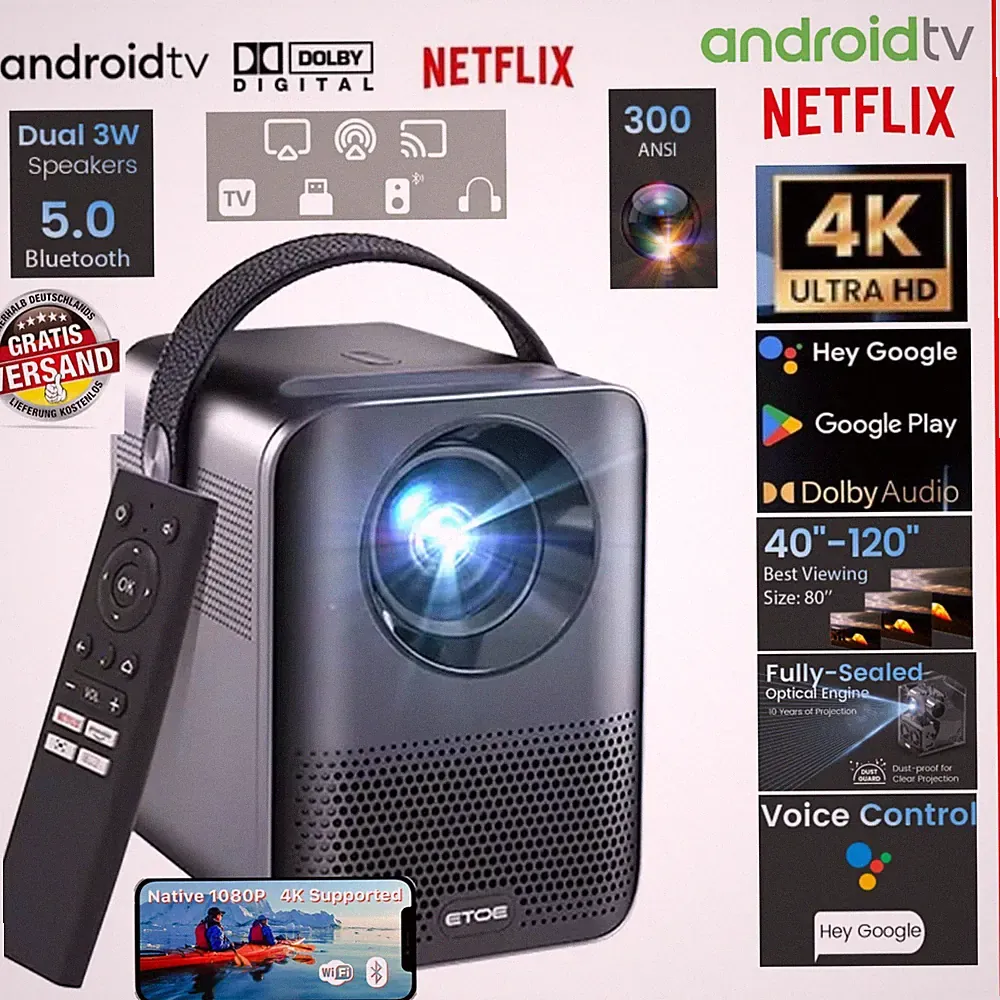 ETOE D2 Pro Android Projector Beamer 1080P 300 ANSI Lumen Mini Home Cinema Dolby