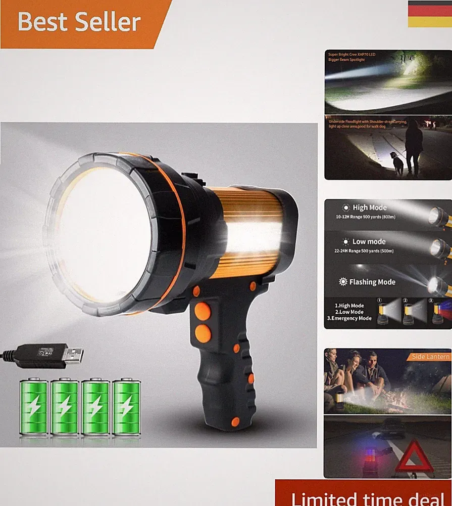 Extrem helle, tragbare LED-Taschenlampe mit 10.000 mAh Akku und Seitenlampe