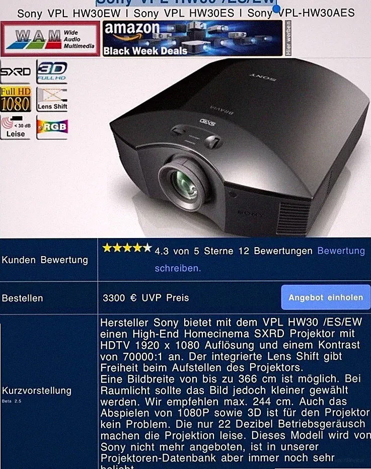 Fast Wie Neu Sony VPL-HW30ES Full HD 3D Heimkino Beamer+ Elektrischer Leinwand
