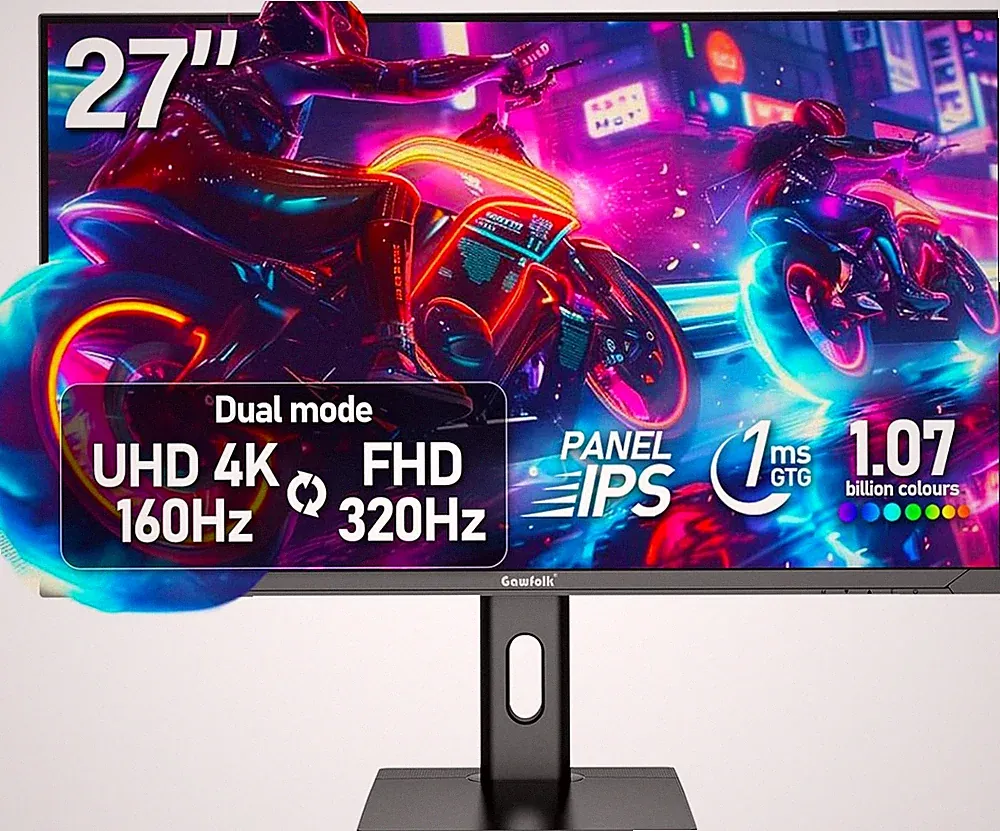 Gawfolk 27 Zoll 4K Gaming Monitor, UHD 160Hz/ FHD 320Hz Dual-Mode PC Monitor
