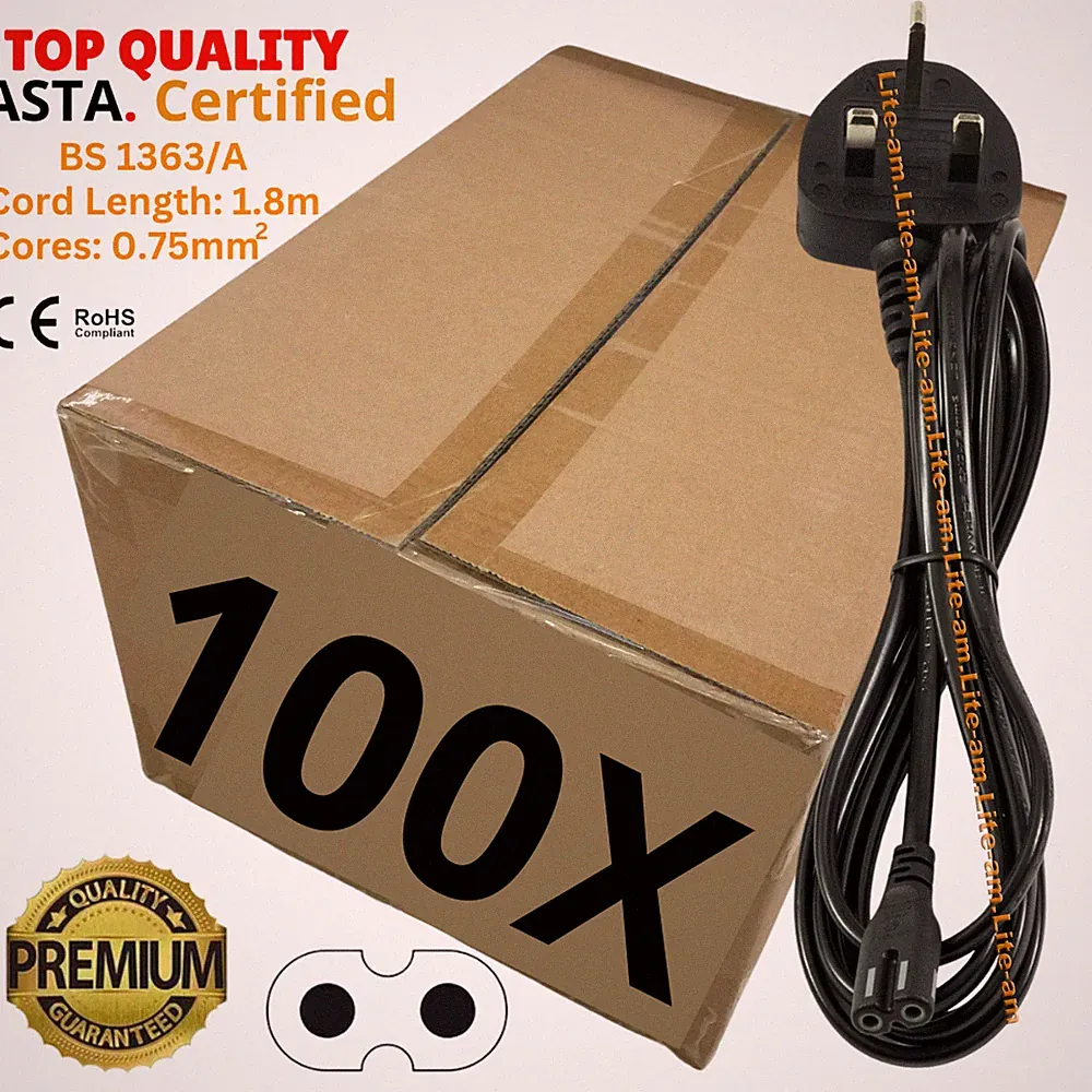Großpackung Posten 100 neue 2 m C7 Figur 8 Fig8 UK 2-polige Laptop TV LCD Netzkabel