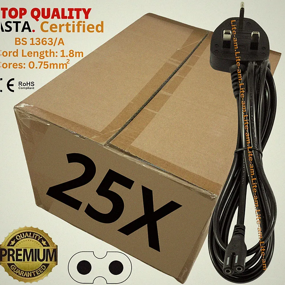 Großpackung Posten 25 neue 2 m C7 Figur 8 Fig8 UK 2-polige Laptop TV LCD Netzkabel