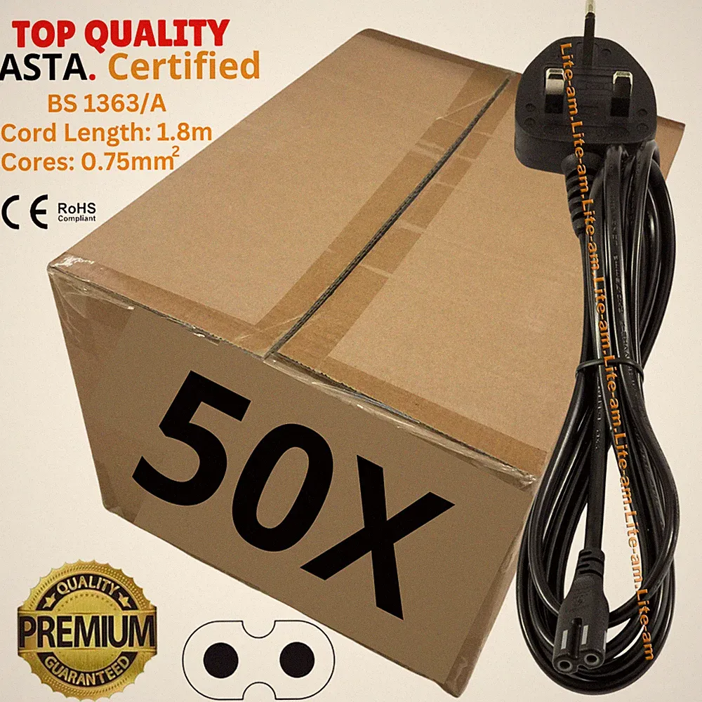 Großpackung Posten 50 neue 2 m C7 Figur 8 Fig8 UK 2-polige Laptop TV LCD Netzkabel
