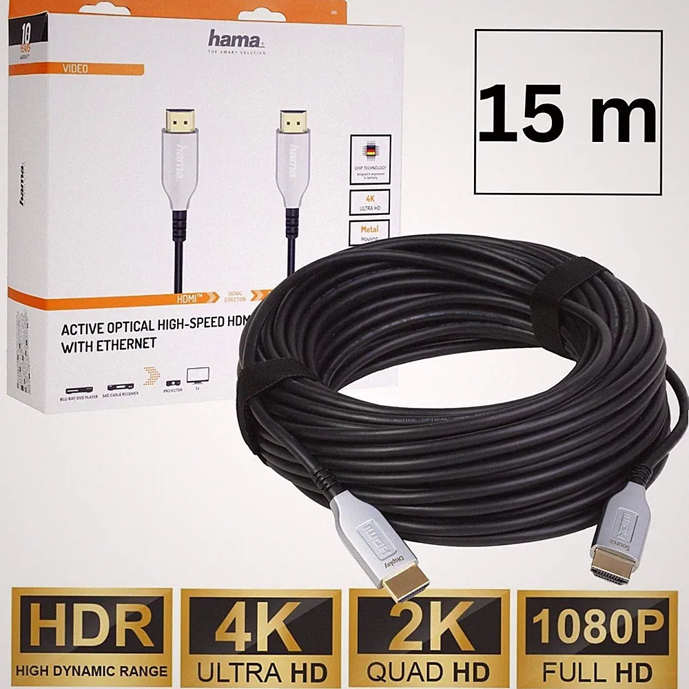 Hama 15m HDMI-Kabel Aktiv Optisches Anschluss-Kabel 4K 3D für TV Beamer Blu-Ray