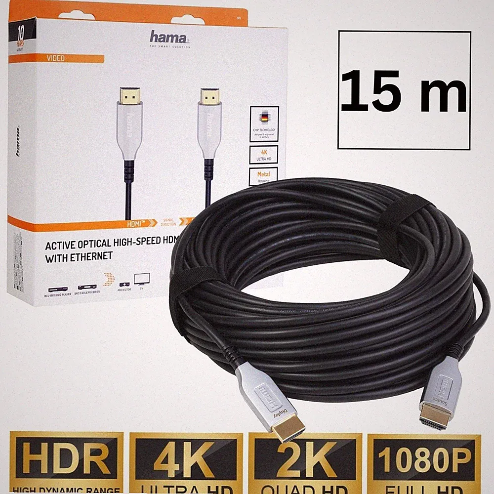 Hama 15m HDMI-Kabel Aktiv Optisches Anschluss-Kabel 4K 3D für TV Beamer Blu-Ray