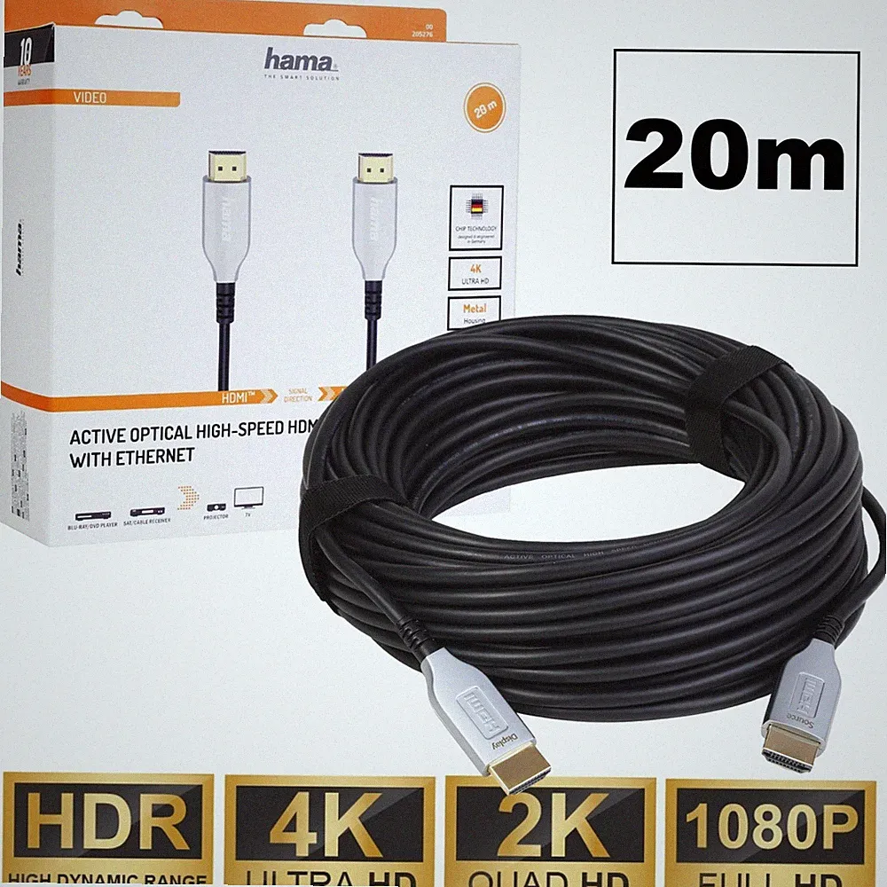 Hama 20m HDMI-Kabel Aktiv Optisches Anschluss-Kabel 4K 3D für TV Beamer Blu-Ray