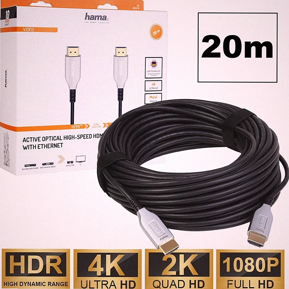 Hama 20m HDMI-Kabel Aktiv Optisches Anschluss-Kabel 4K 3D für TV Beamer Blu-Ray