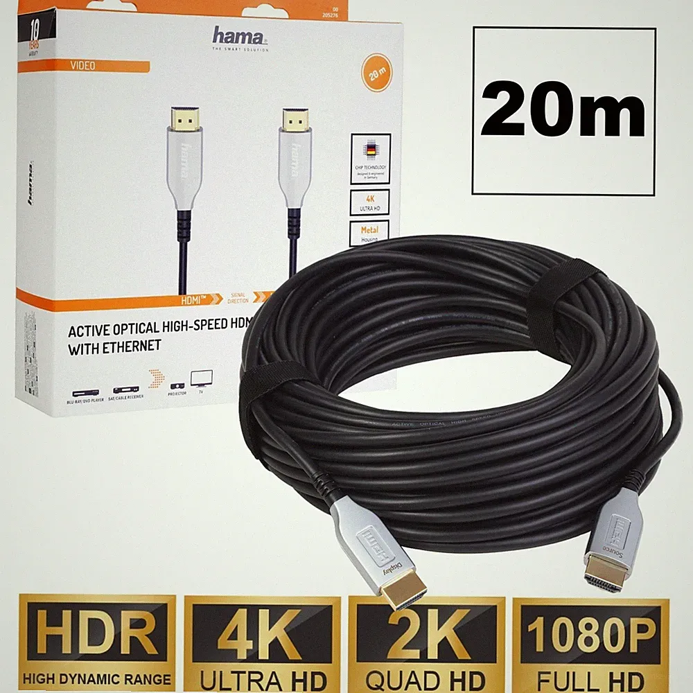 Hama 20m HDMI-Kabel Aktiv Optisches Anschluss-Kabel 4K 3D für TV Beamer Blu-Ray