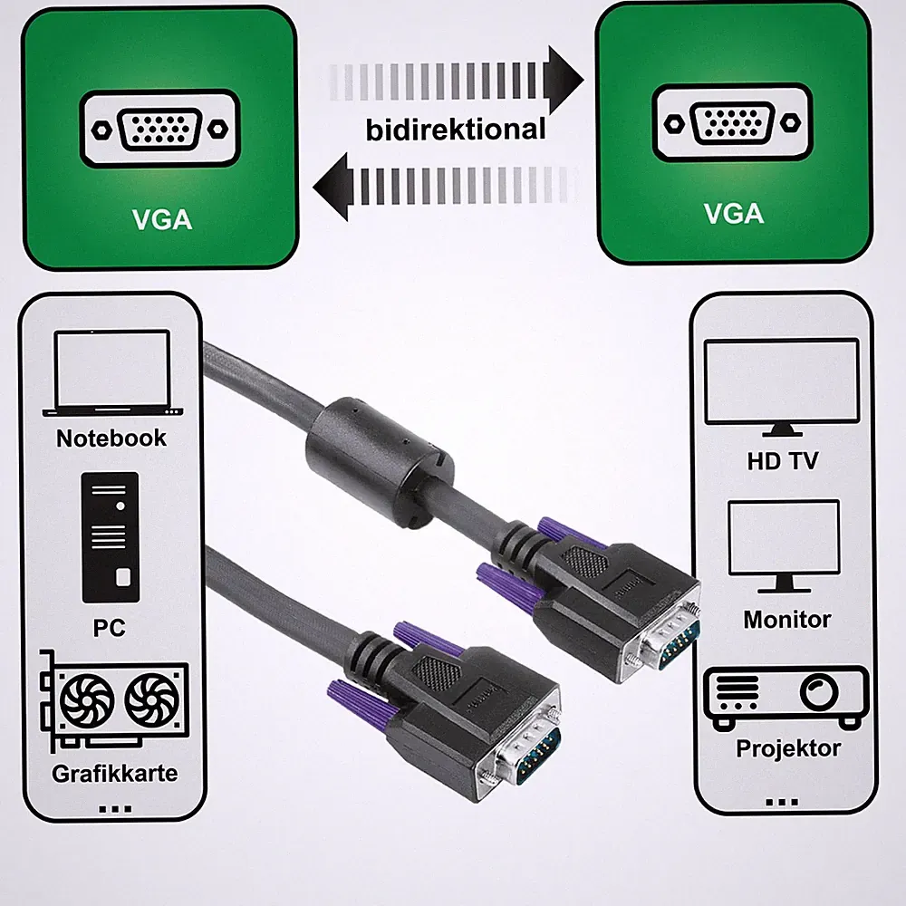 Hama 3m VGA-Kabel D-Sub 15Pol für PC TFT LCD CRT HD Monitor TV Beamer Bildschirm