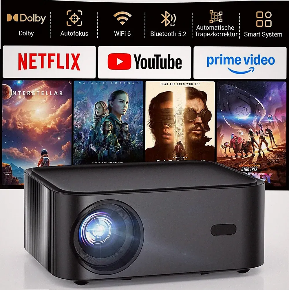 HAPPRUN 4K Beamer mit Netflix App, WiFi 6, Bluetooth, Outdoor Projektor