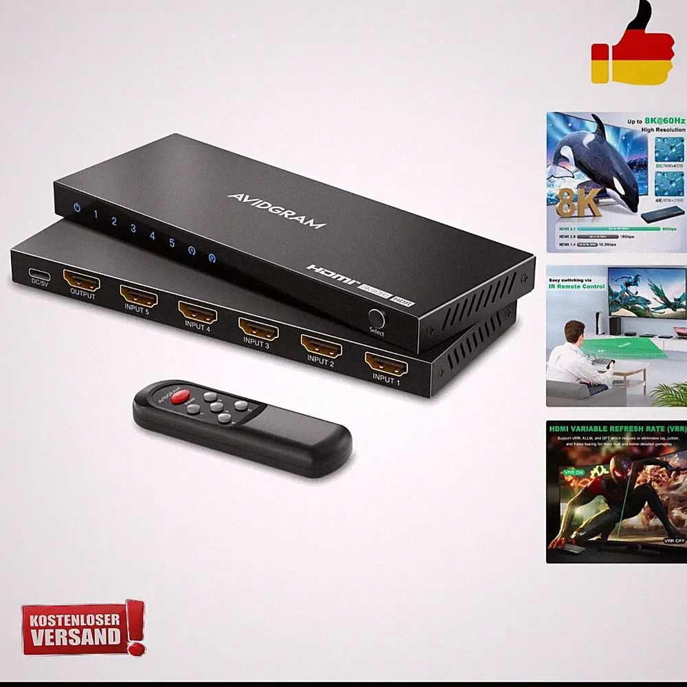 HDMI 2.1 Switch 4K 120Hz, 8K HDMI Umschalter 5 In 1 Out mit IR-Fernbedienung,...