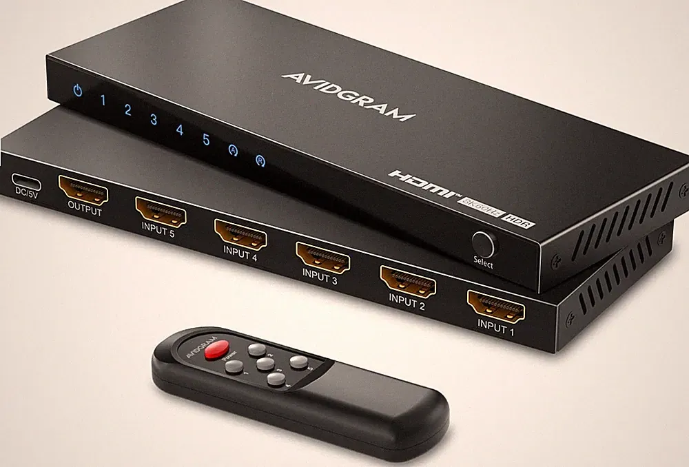 HDMI 2.1 Switch 4K 120Hz, AVIDGRAM 8K HDMI Umschalter 5 in 1 Out Mit Ir-Fernbedi