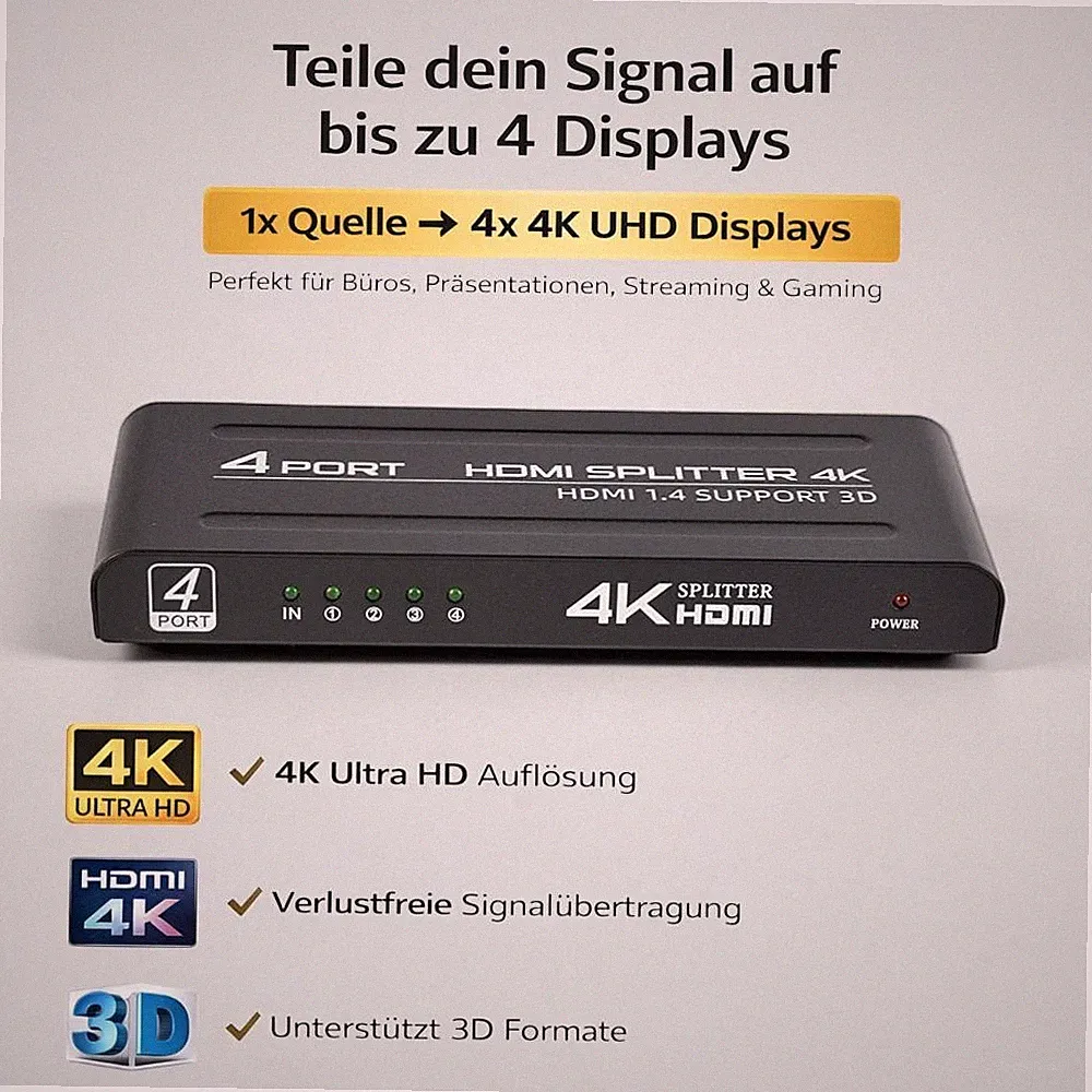 HDMI Splitter 1x4 Verteiler 4K 1 Eingang 4 Ausgänge für TV Monitor Beamer