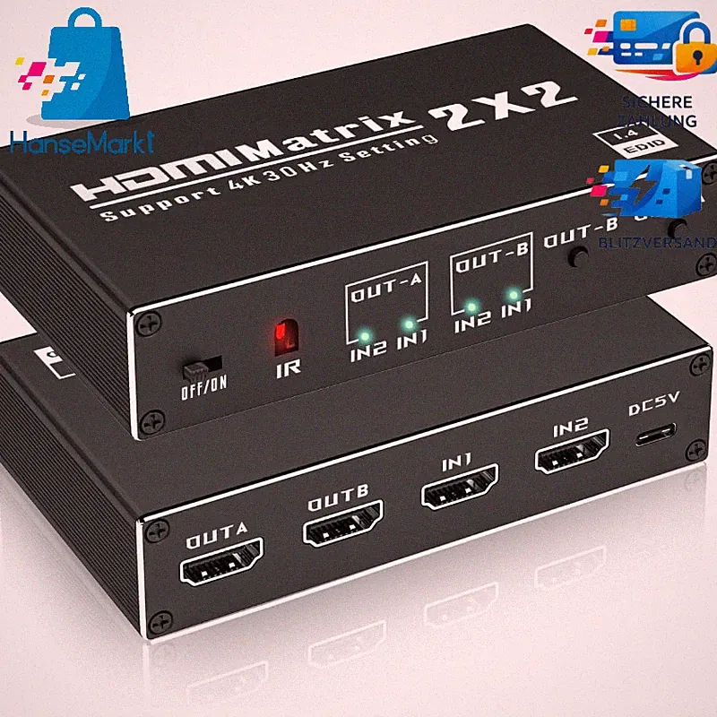 HDMI Switch 2 in 2 Out 4K 60Hz mit IR-Fernbedienung für PS5 PC TV Beamer