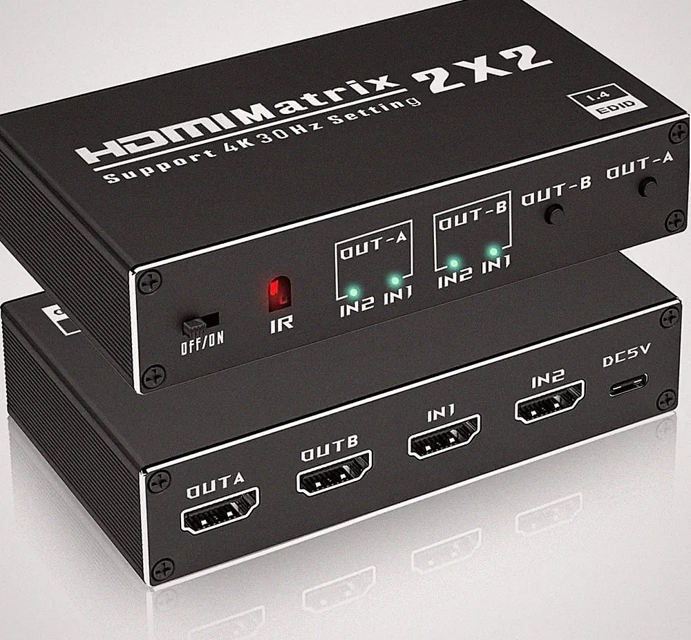 HDMI Switch 2 in 2 Out 4K 60Hz mit IR-Fernbedienung für TV PC Beamer