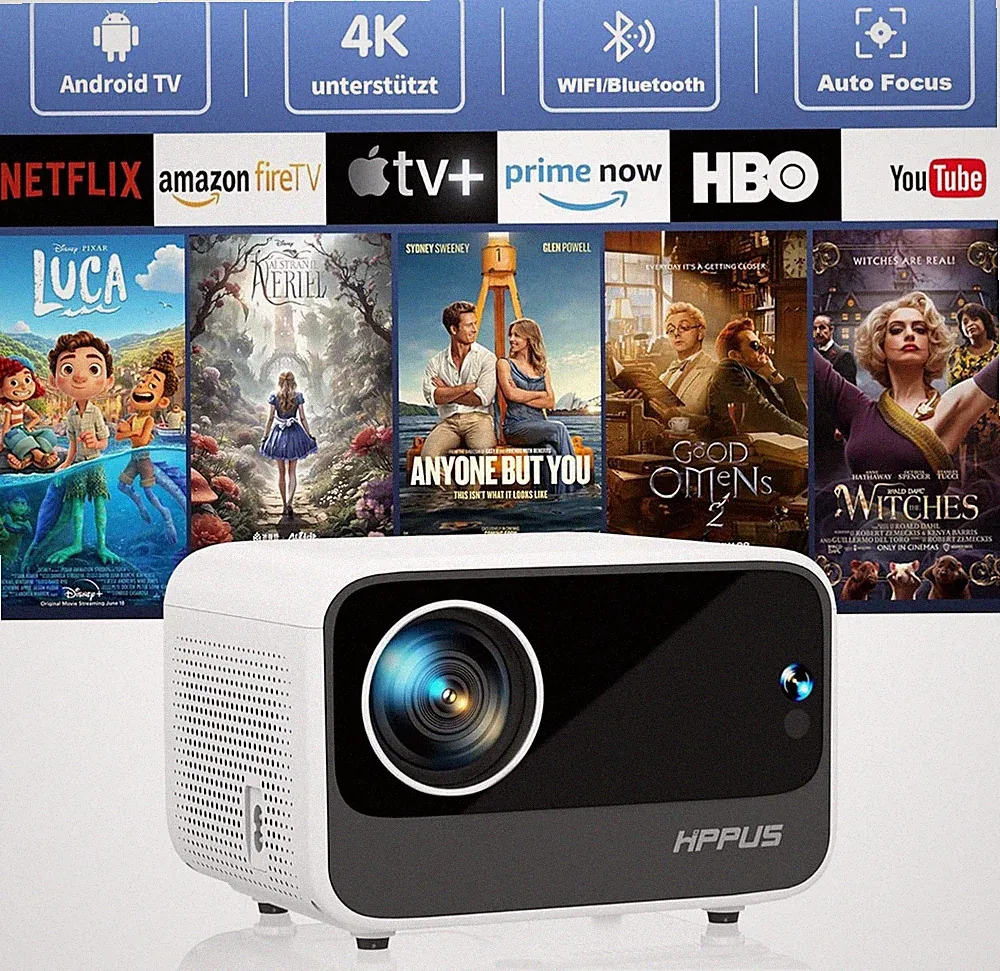 Hippus 4K WiFi Bluetooth Videoprojektor mit 20000 Lumen, Boxsy Autofokus/Taste