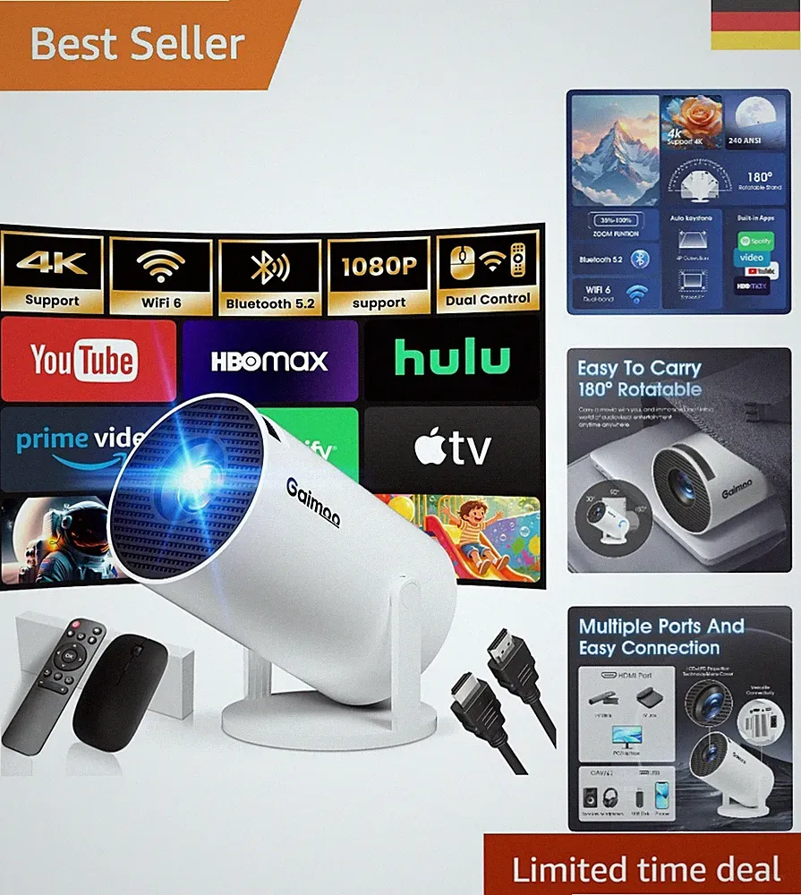 Hochwertiger Mini Beamer 4K mit WiFi 6 und Bluetooth 5.2 – Tragbar und Weiß