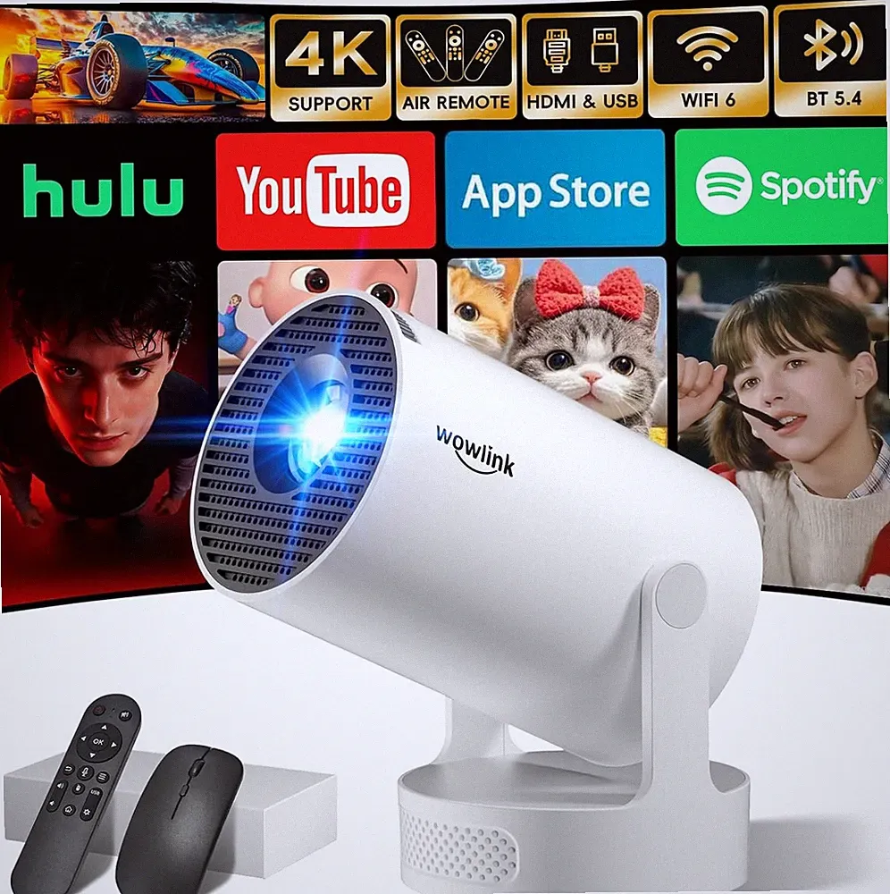 Kompakter Beamer 4K/1080p, Air Remote, WiFi 6, Bluetooth 5.4, 180° Drehbar