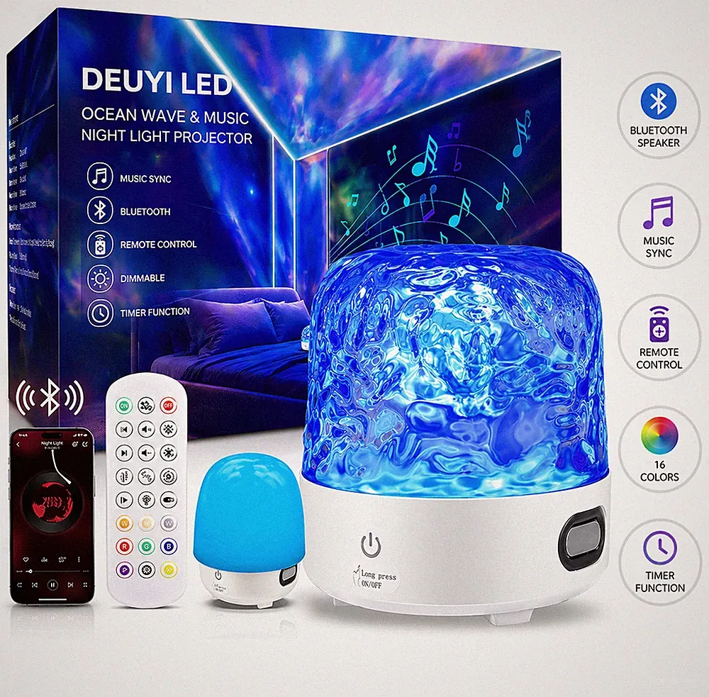 LED Aurora Projektor mit Bluetooth Lautsprecher – 3D Wasserwellen Nachtlicht & D