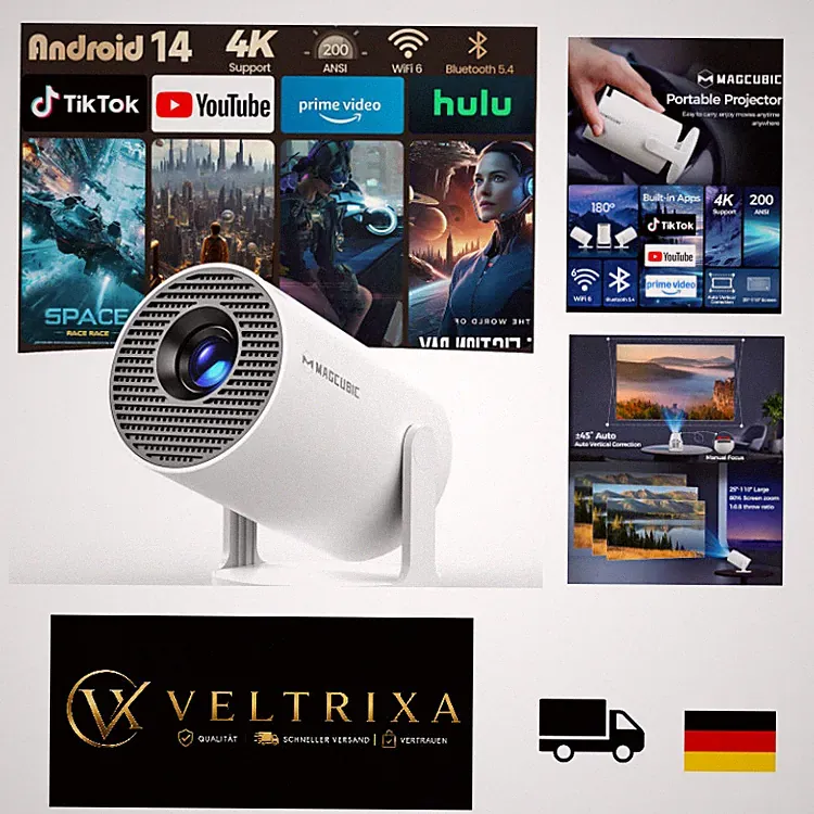 Magcubic Mini Beamer Projektor 4K mit Android 14, WiFi 6, BT 5, 200 ANSI, Full