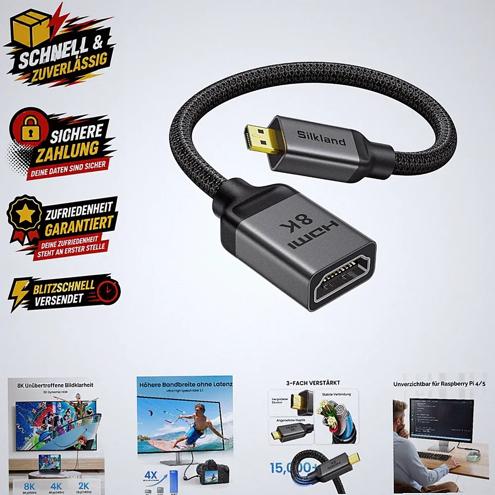 Micro HDMI auf HDMI Adapter 8K 60Hz HDR für Kamera Laptop Tablet und Beamer