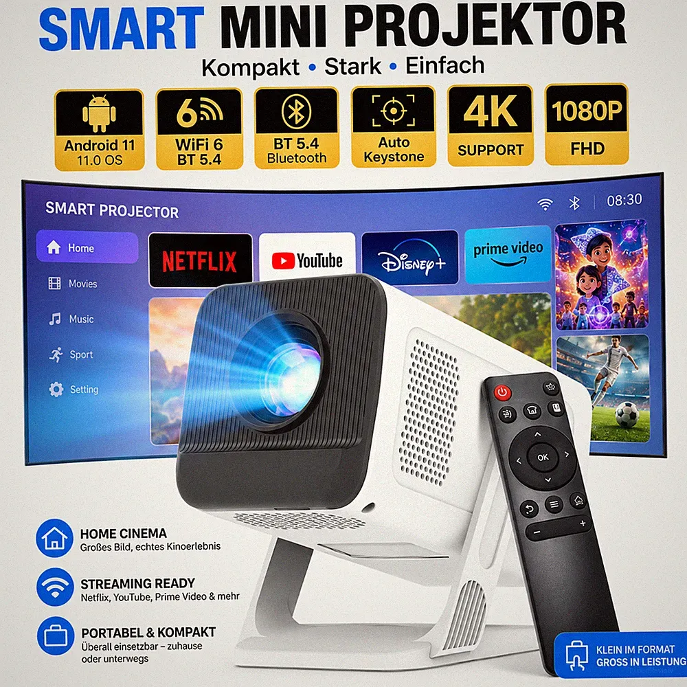 Mini Beamer 1080P 4K Unterstützung WiFi 6 Bluetooth Android Projektor Gut