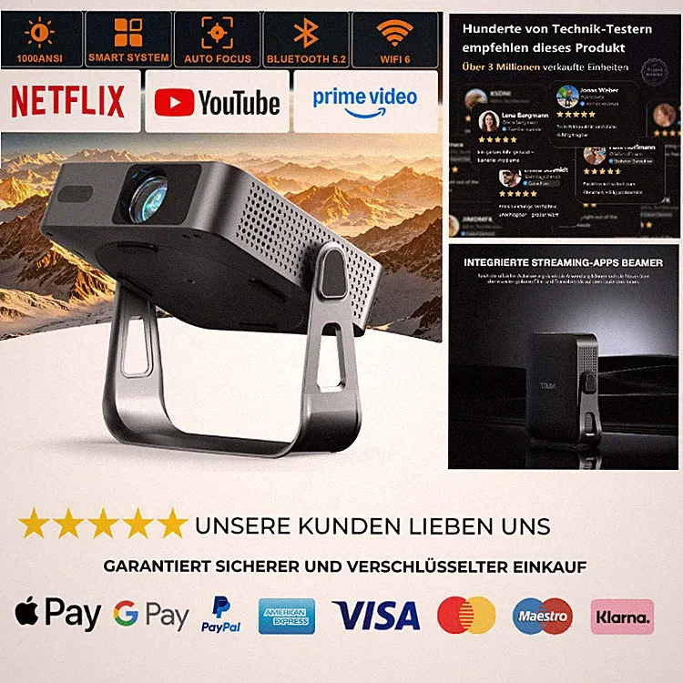 Mini Beamer 1080P Full HD WiFi6 Bluetooth 4K Heimkino Projektor