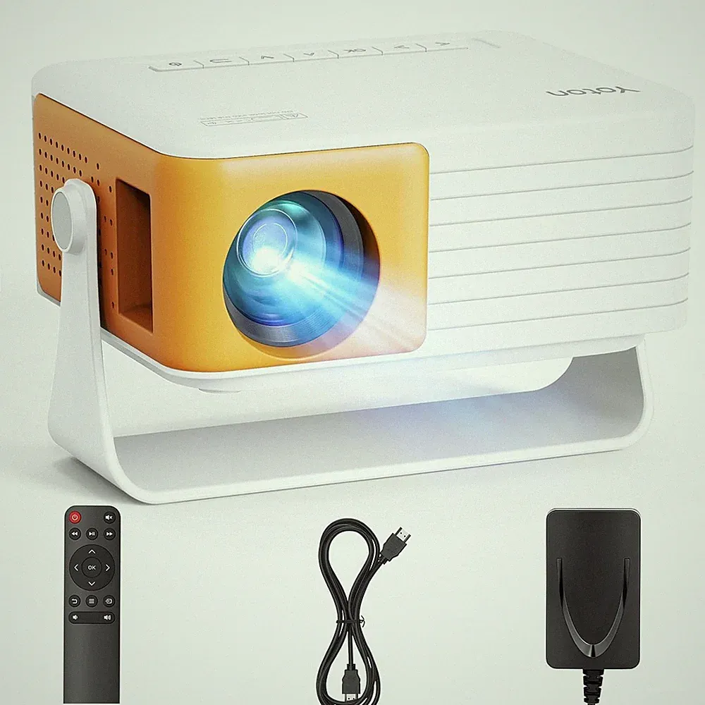 Mini Beamer 1080p mit Auto Keystone und 180 Drehung, Gelb, Tragbar, HDMI, USB