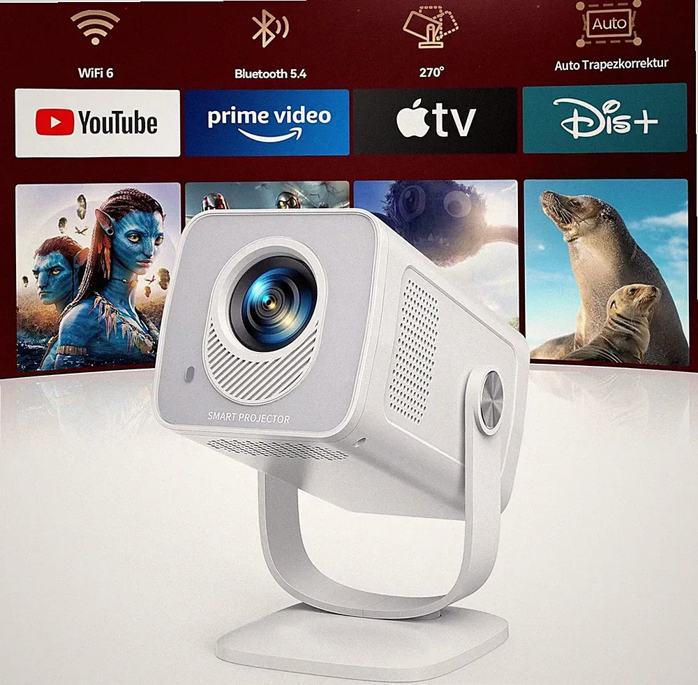 Mini Beamer 4K 1080P Android 14 WiFi 6 Bluetooth 5.4 Tragbarer Projektor Heim