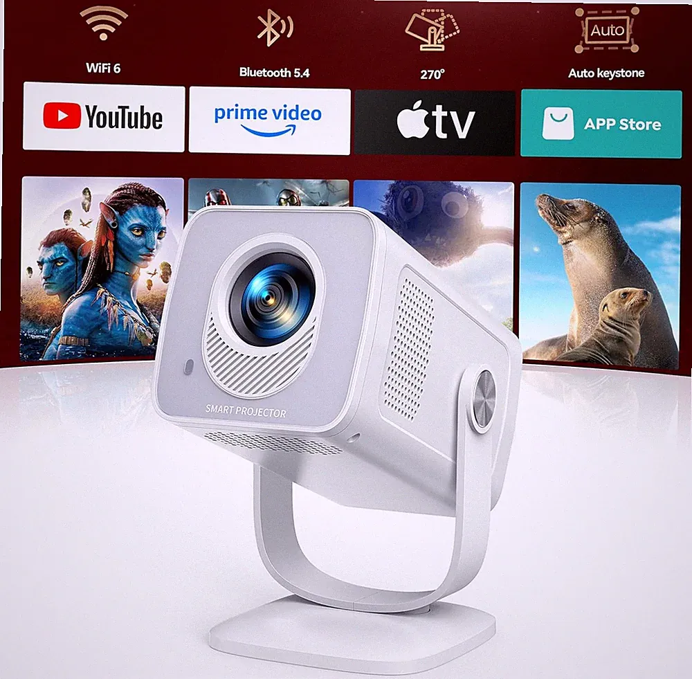 Mini Beamer 4K 1080P Unterstützt [Android 14 & 270° Drehbar] Smart Beamer Klein