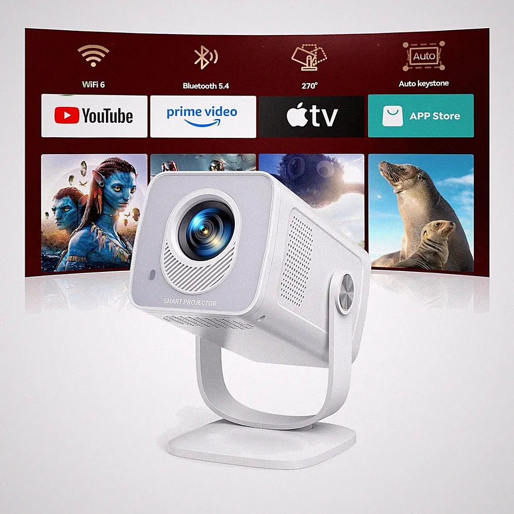 Mini Beamer 4K 1080P Unterstützt [Android 14 & 270° Drehbar] Smart Beamer Klein