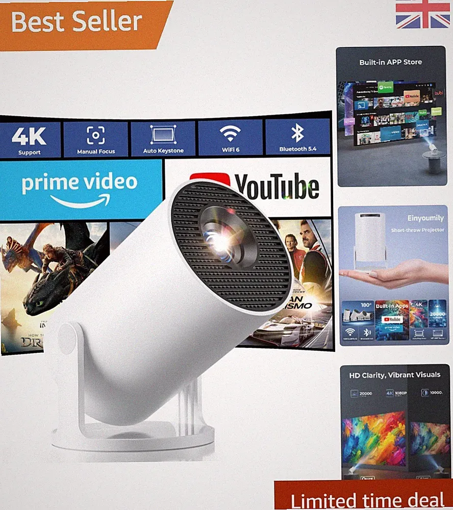 Mini Beamer 4K 20000 Lumen, Android 14, WiFi 6 & Bluetooth für Zuhause & Reisen