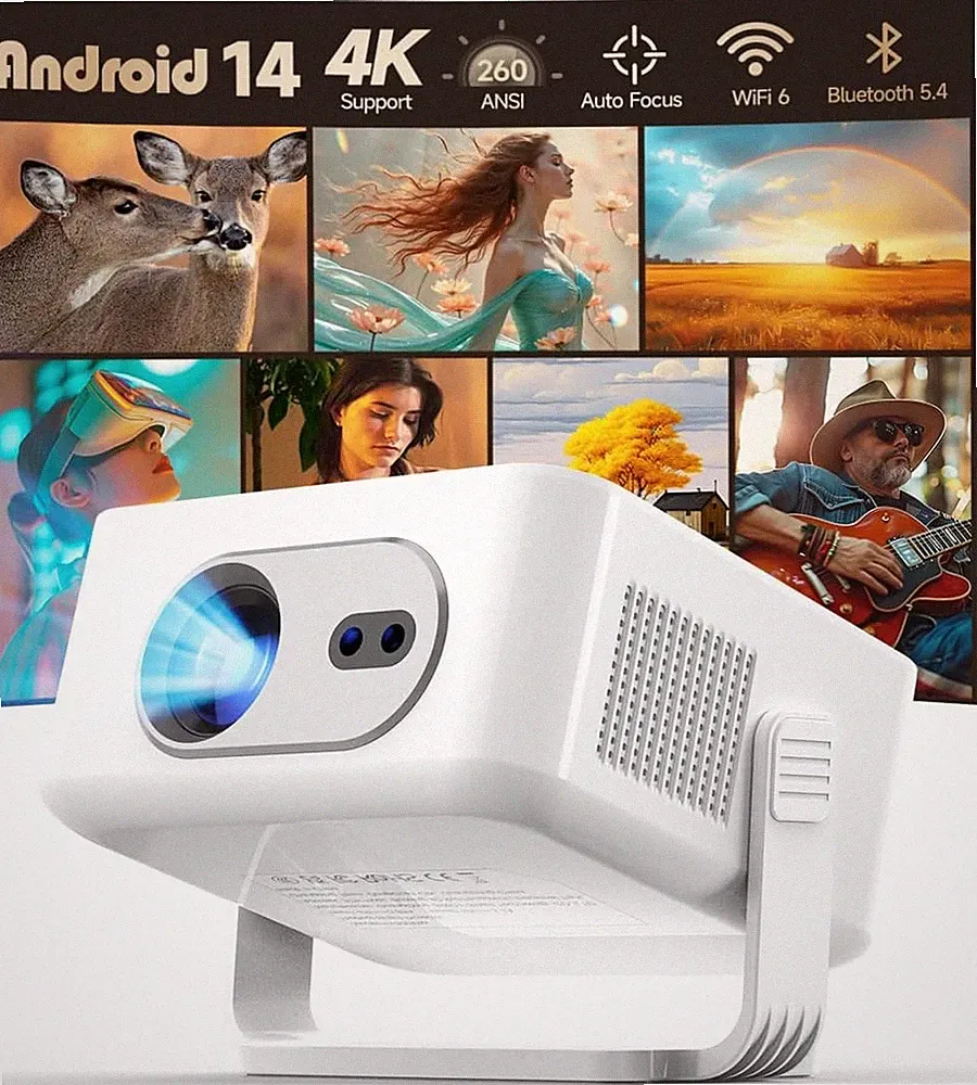 Mini Beamer 4K 8K Android 14 WLAN 6 Bluetooth 5.4 Heimkino Projektor 260 Lumen