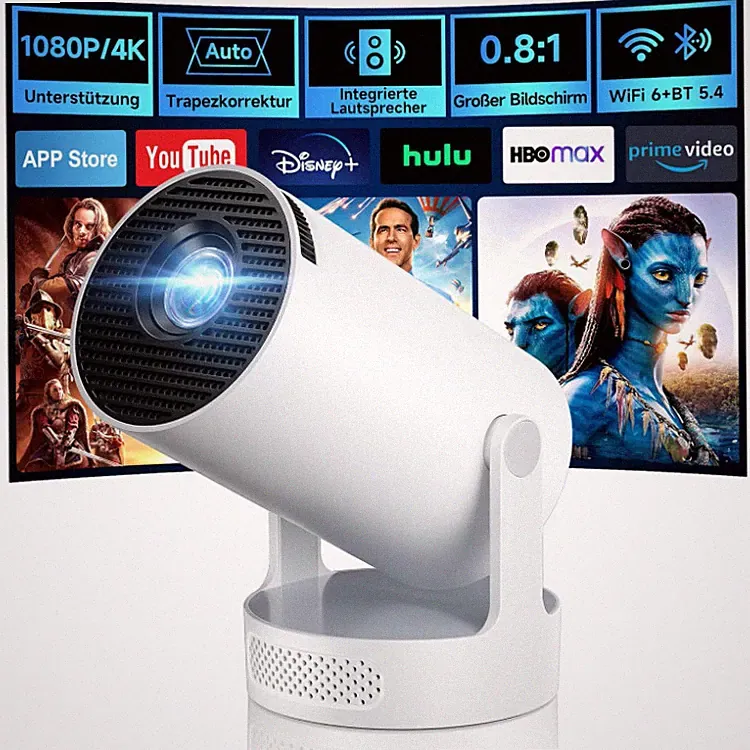 Mini Beamer 4K Auflösung, Grauweiß, Heimkino Gaming, 86 Zoll, WiFi 6, Bluetooth