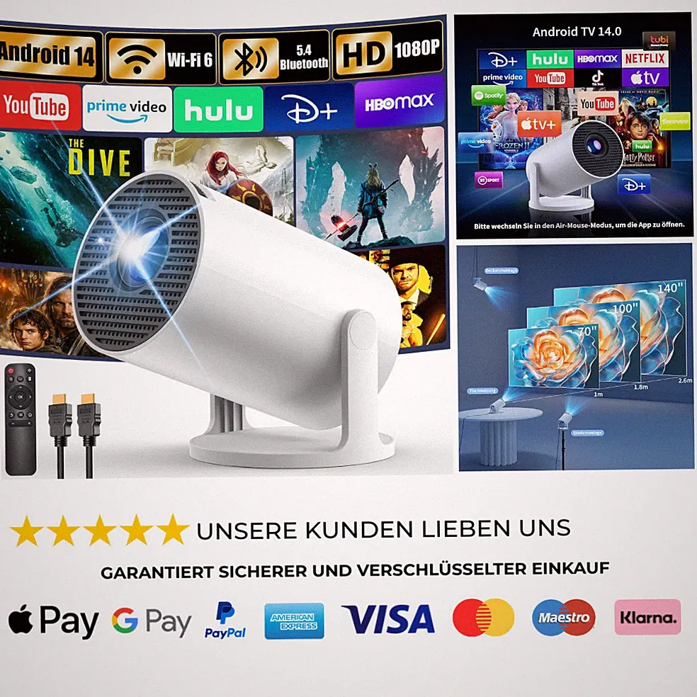 Mini Beamer 4K Full HD Android 14 WiFi 6 Bluetooth 5.4 200