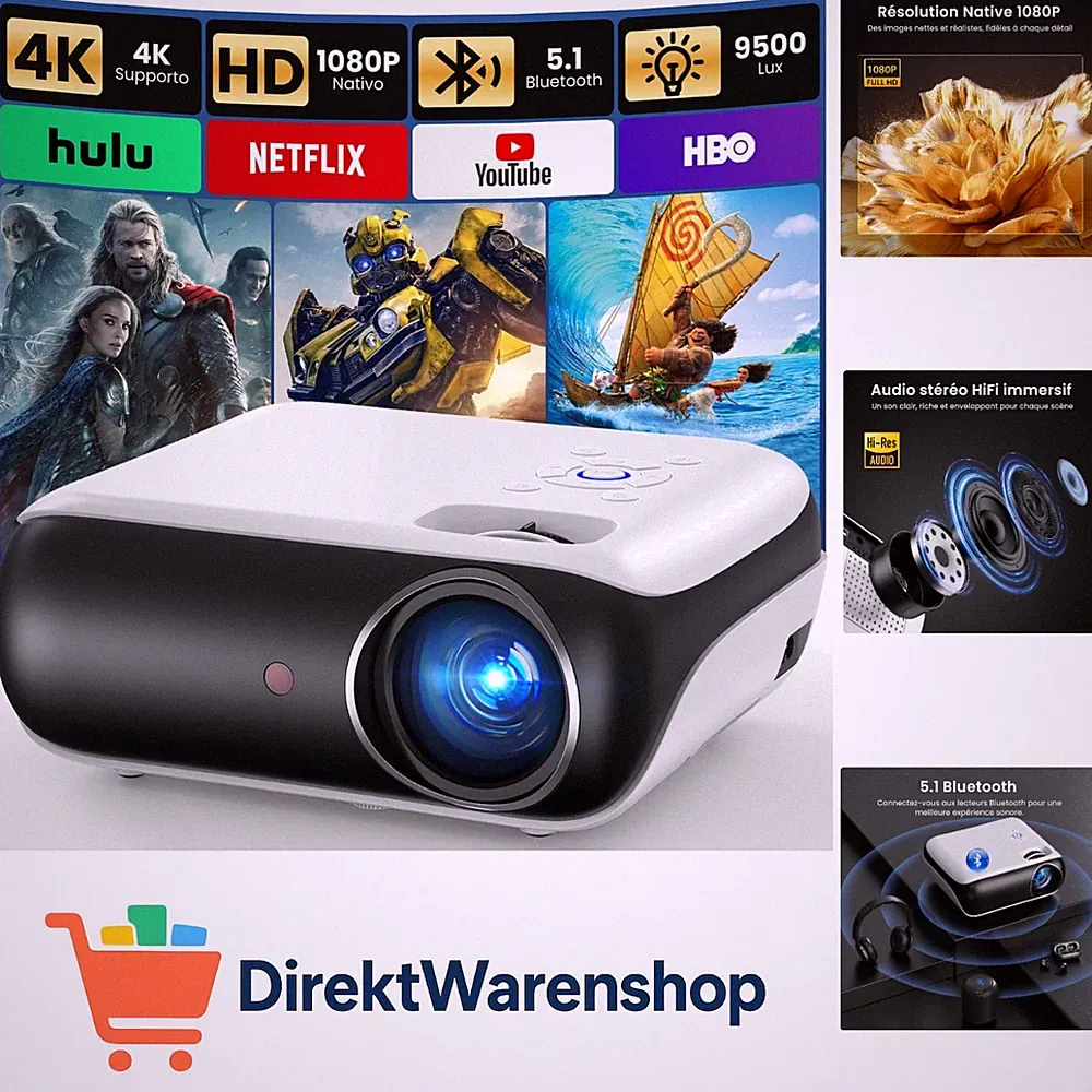 Mini Beamer 4K, Full HD Beamer mit Bluetooth – Native 1080P Tragbarer Outdoor...