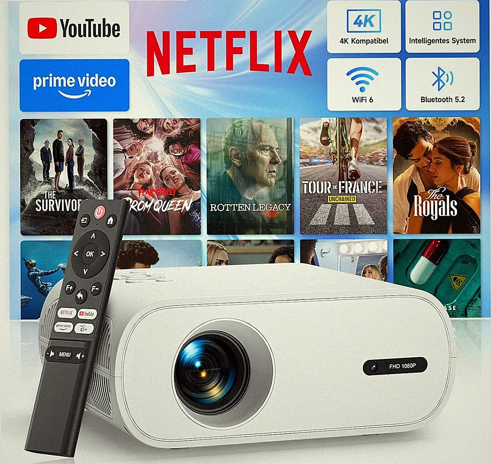 Mini Beamer 4K [Kompatibel Mit Netflix & Offizielle Apps] 20000 Lumen Kurzdistan