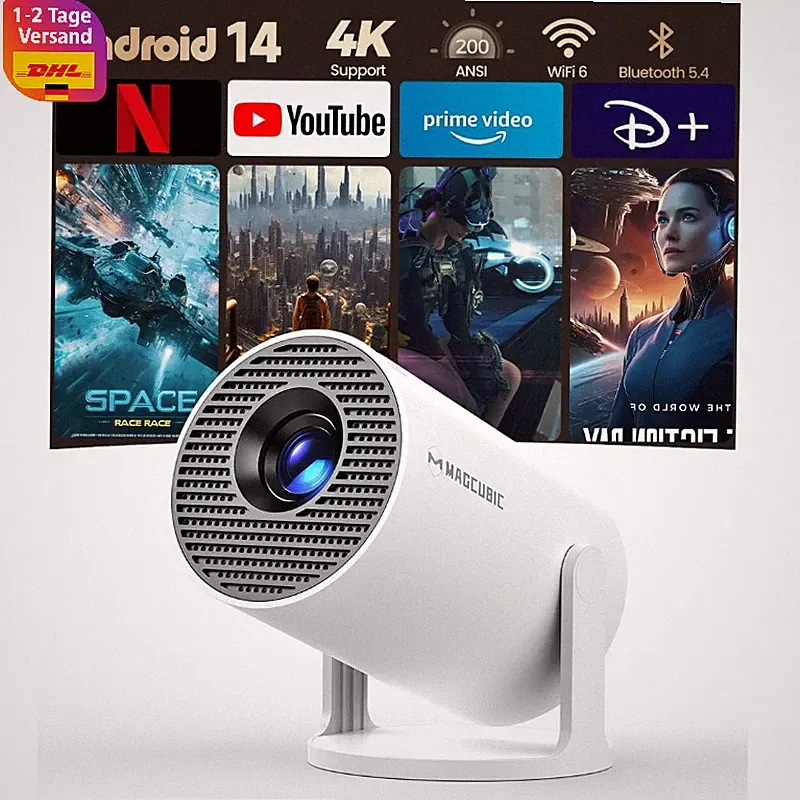 Mini Beamer 4K Smart Projektor 5G WiFi 6 BT 5.4 1080P 200ANSI 8000L Weiß