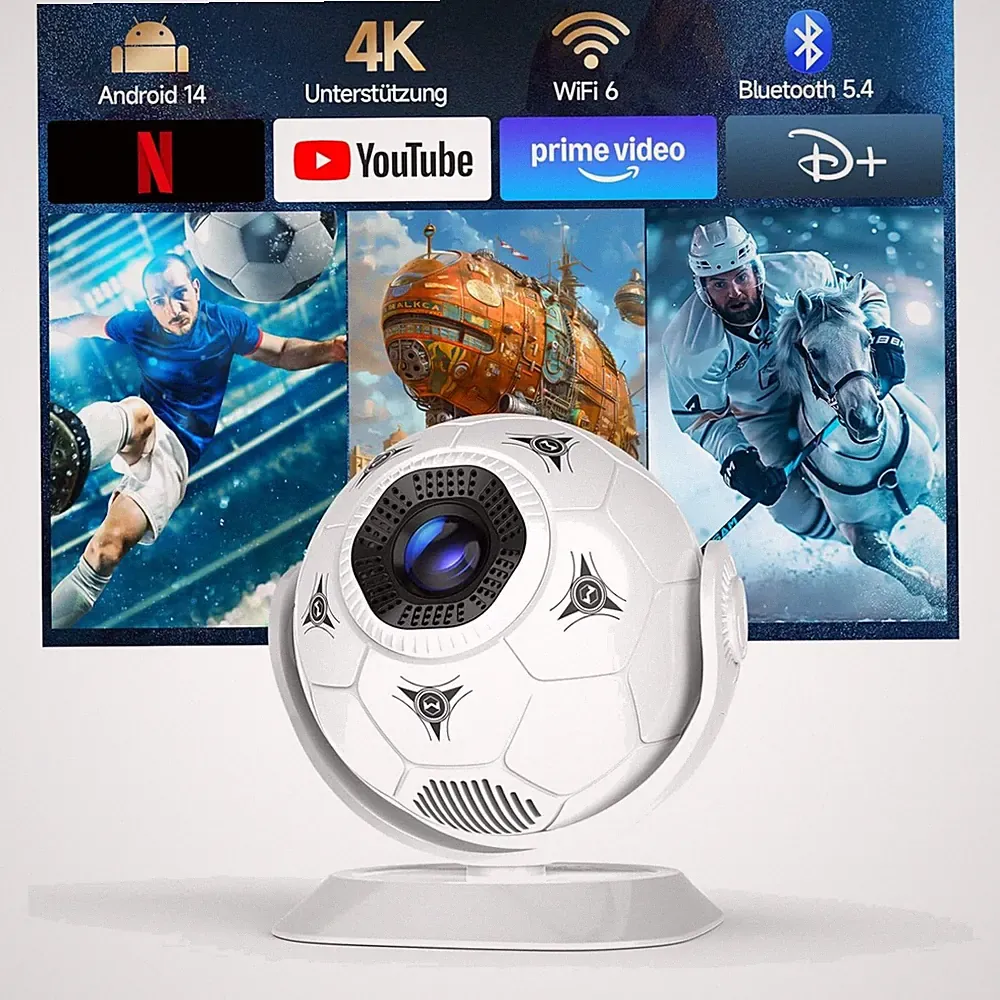 Mini Beamer 4K Support, Android 14, WiFi 6, Bluetooth 5.4, 360° Fußball-Beamer