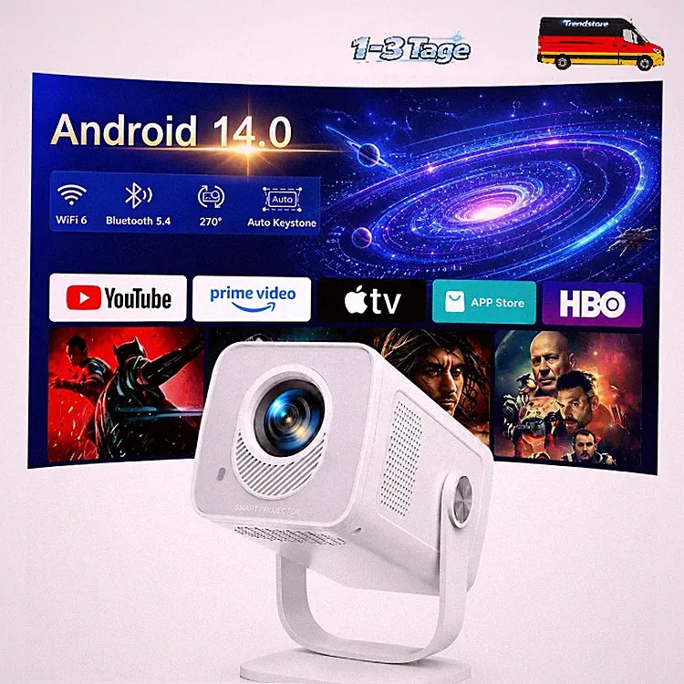 Mini Beamer 4K Unterstützt [Android 14 & App Steuerung] WiFi 6 BT 5.4