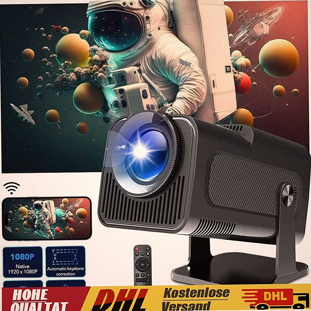 Mini Beamer 4K WiFi 6 Bluetooth 5,0 Projektor Android 180° Drehbarer Standfuß DE