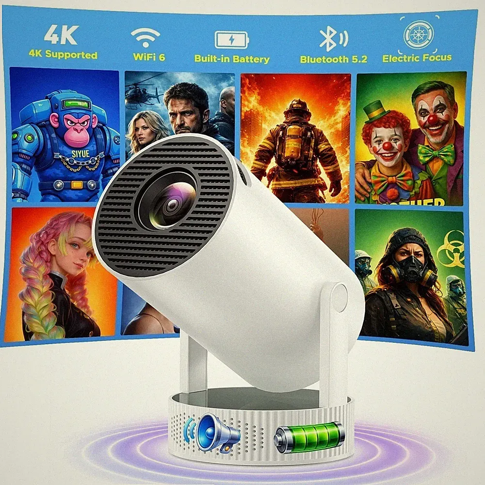 Mini Beamer Akku 4K UHD Heimkino Projektor 5G WiFi Bluetooth Android Taschenkino