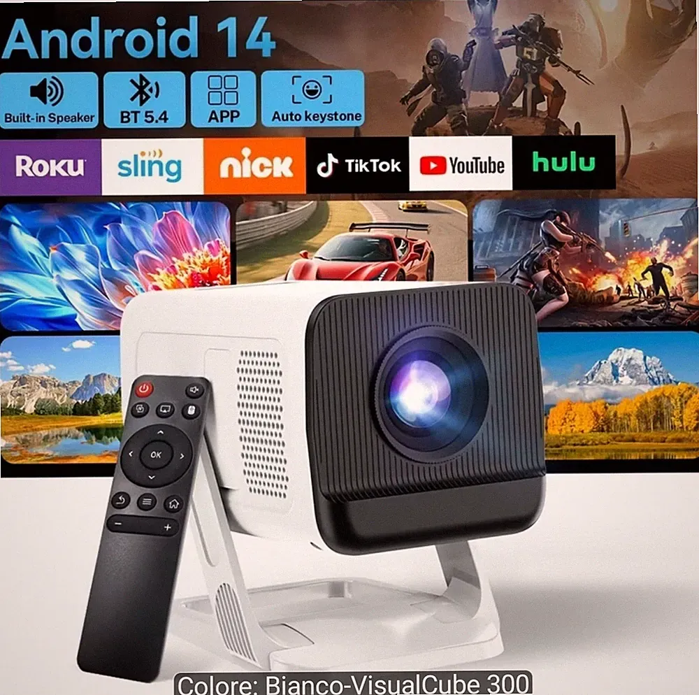 Mini Beamer Android 14 720P Nativ 4K Unterstützung WiFi 6 BT 5.4 390 JAHRE