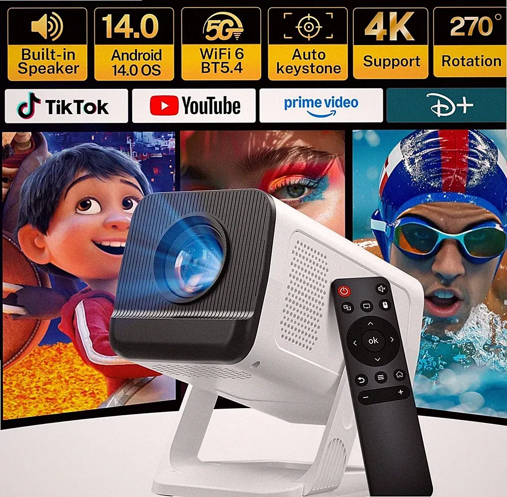 Mini Beamer Android 14 WiFi 6 Bluetooth 5.4 HD Projektor 4K HDMI USB
