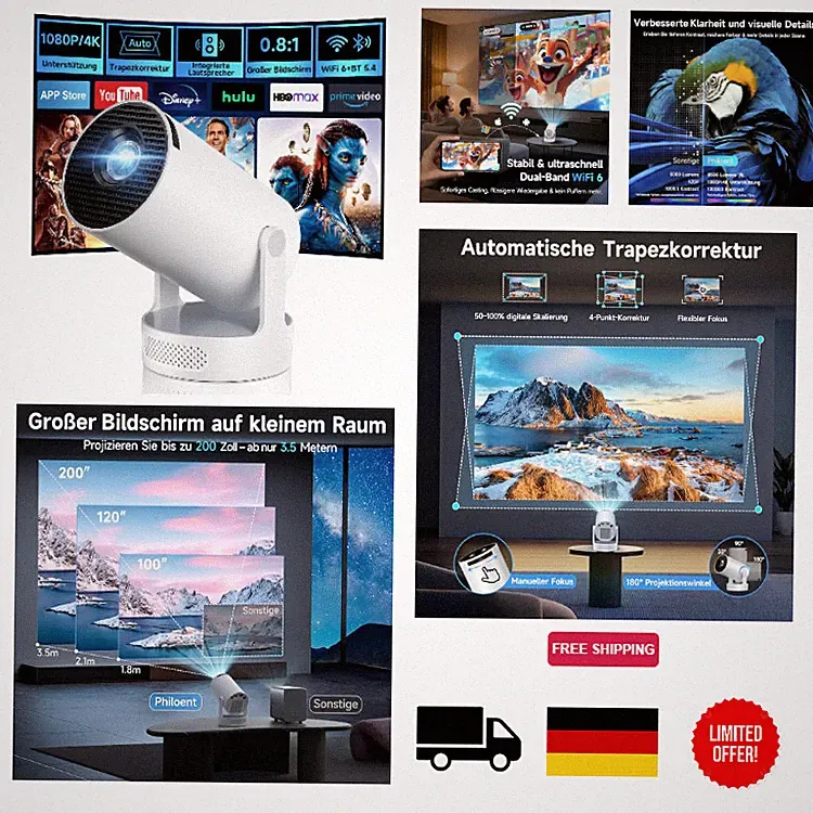 Mini Beamer Grauweiß, 4K 1080p, WiFi 6, Bluetooth 5, Ultrakurzdistanzprojektor